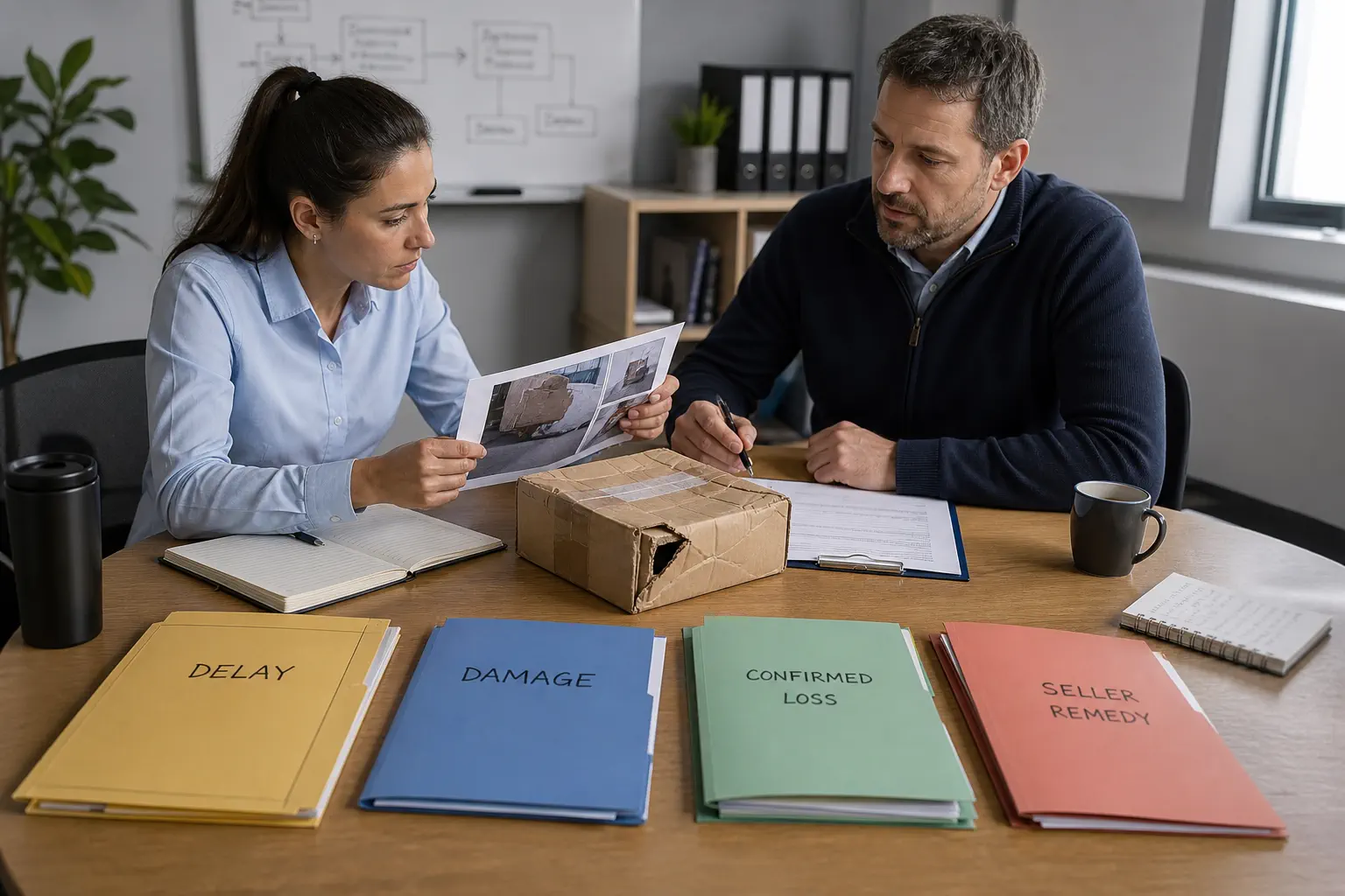 A claims review desk separates delay damage loss and seller remedy categories