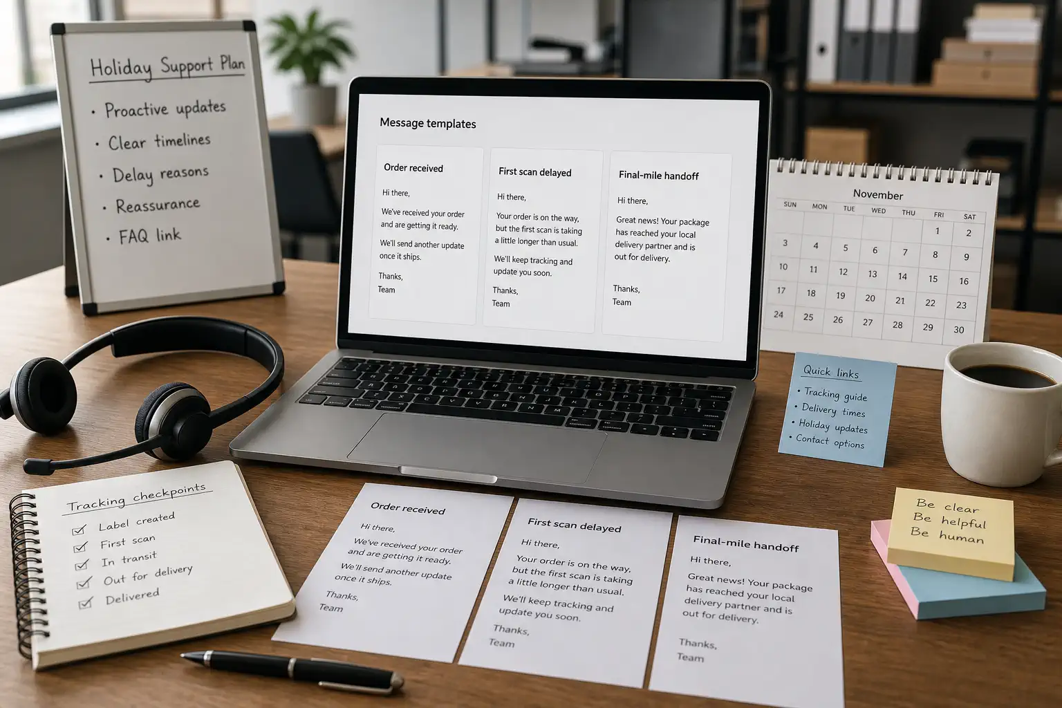 Customer support desk with holiday order status templates and parcel tracking notes