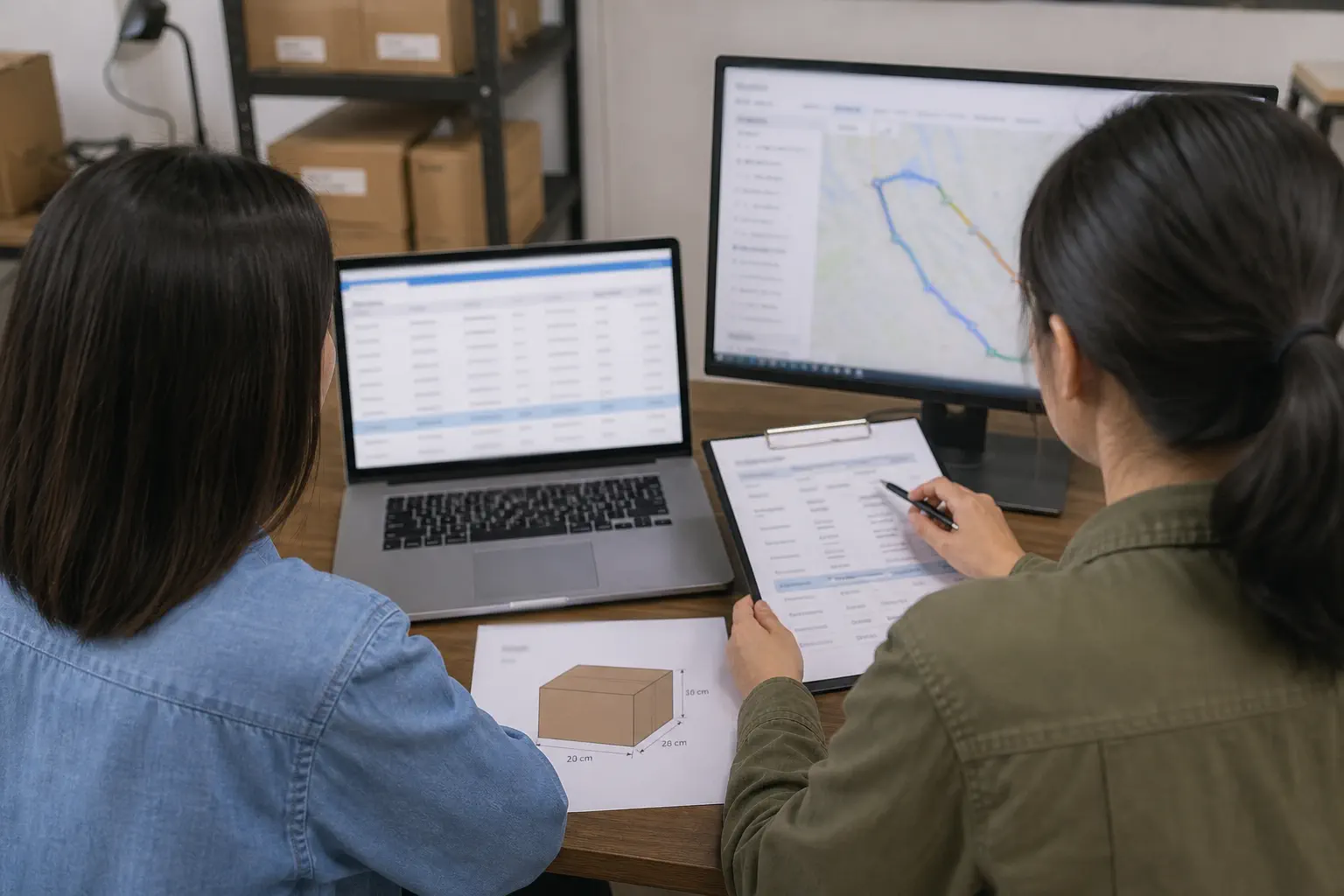 Two operations professionals comparing a route quote, parcel dimensions, and generic shipping options