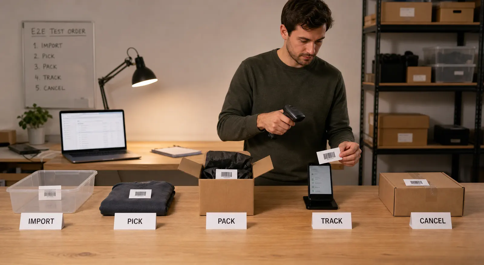 Test parcels moving through order import picking packing tracking and cancellation checks