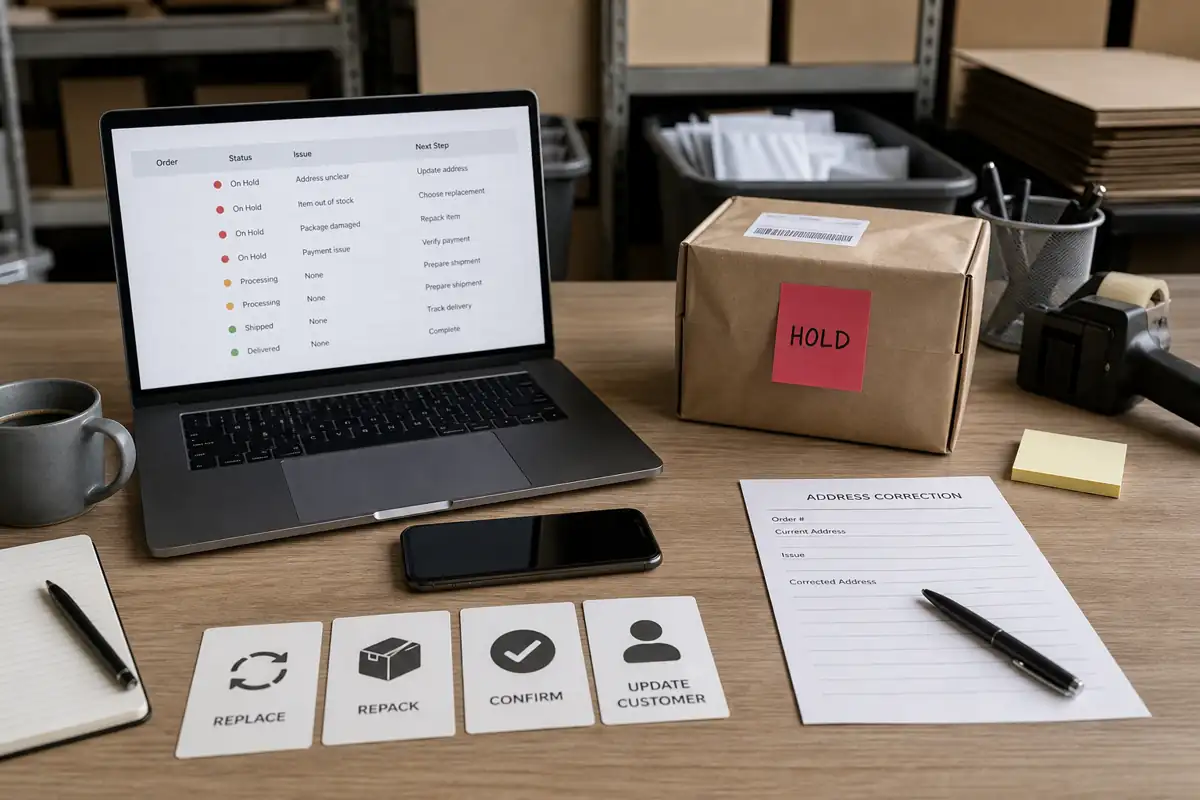 Operations desk with a held parcel, order status list, and decision cards for replace, repack, confirm, and update customer