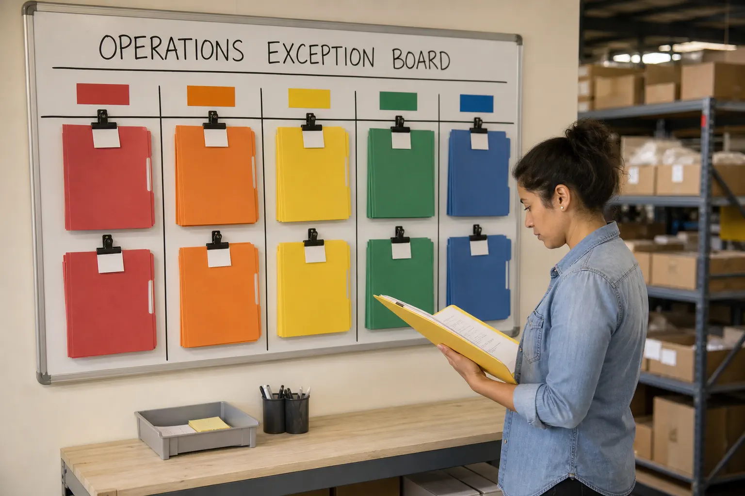 Operations exception board with held orders assigned to stock, address, product, packing, and route owners