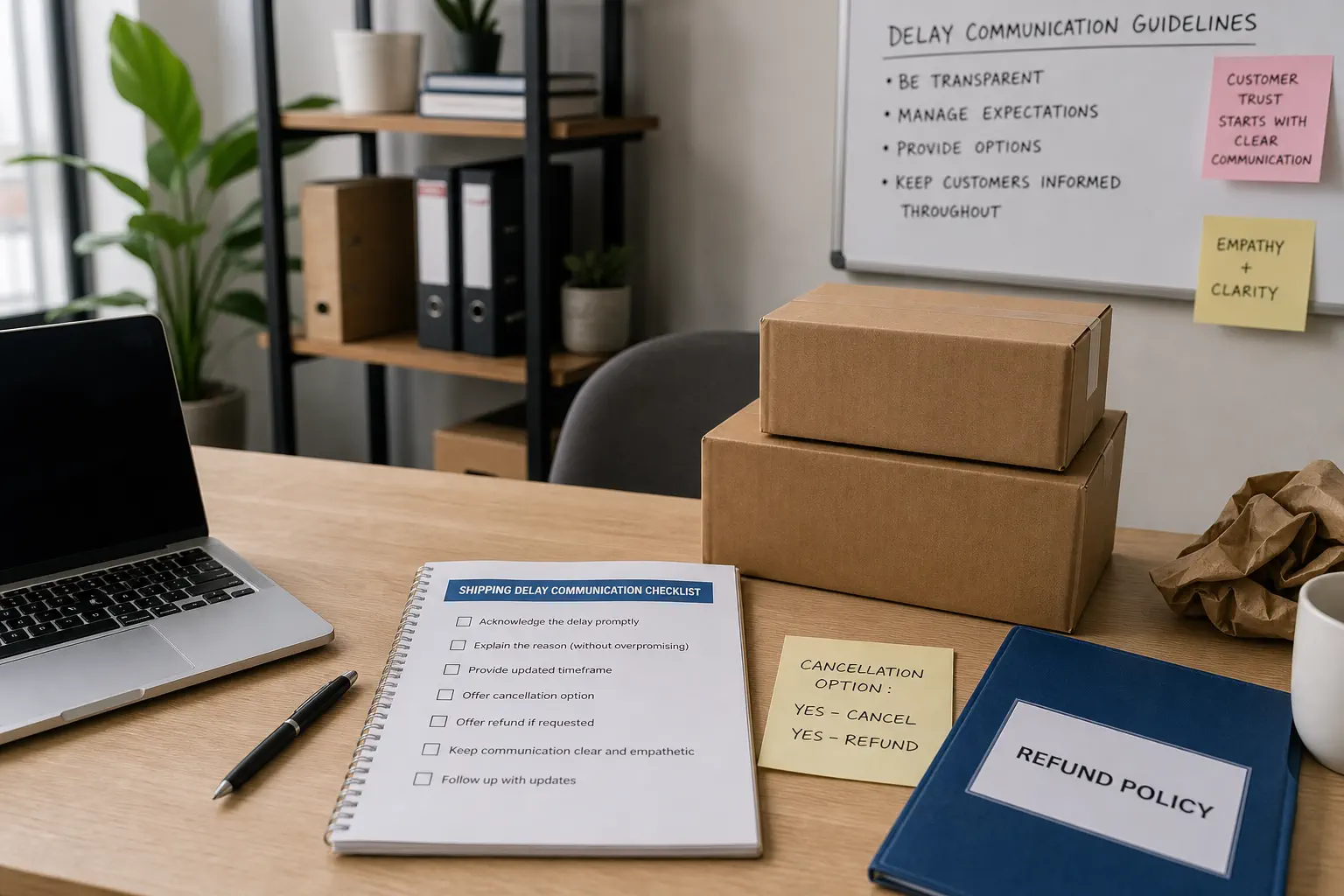 Ecommerce compliance desk reviewing shipping delay communication and refund policy notes