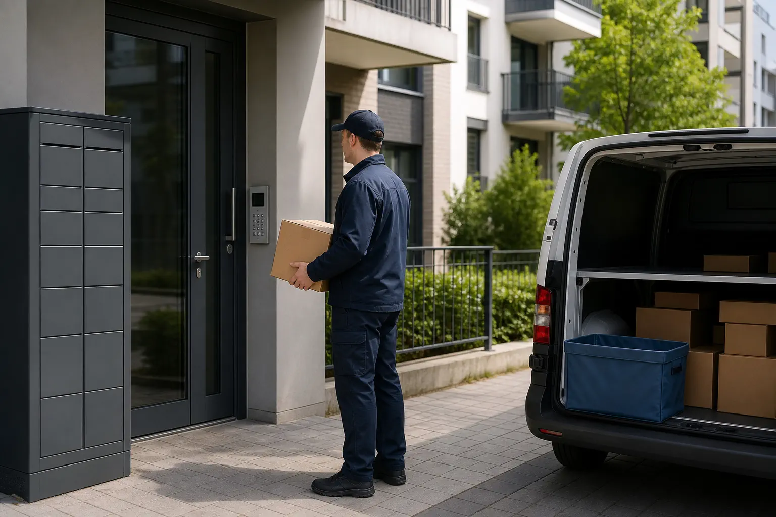 A local courier faces a locked apartment entrance beside a parcel locker and return tote