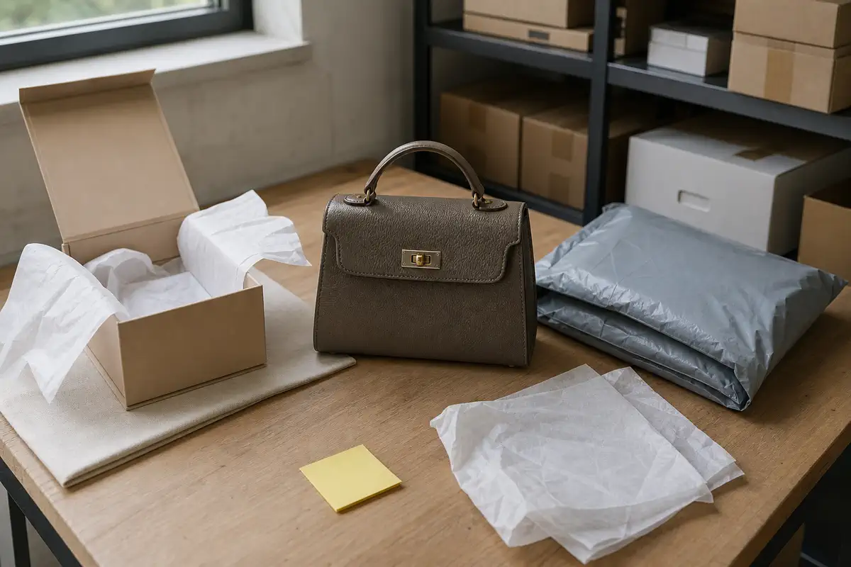 A workbench with an unbranded handbag, protective packaging, rigid box and poly mailer illustrating product-presentation risk.