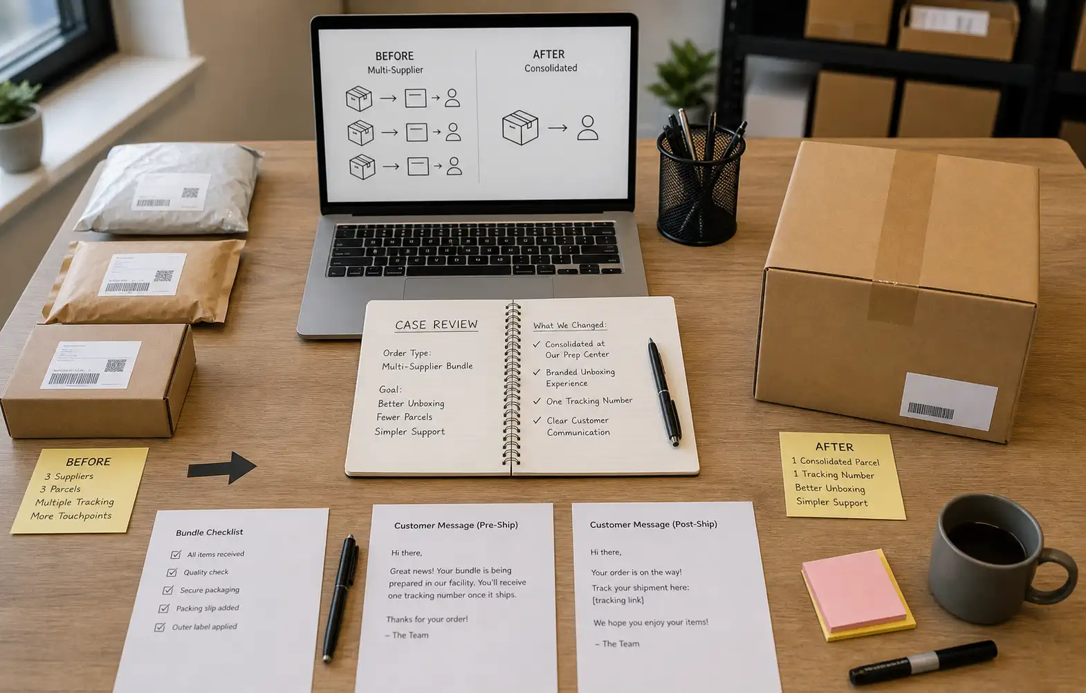 An anonymized ecommerce case review desk showing before and after order workflows