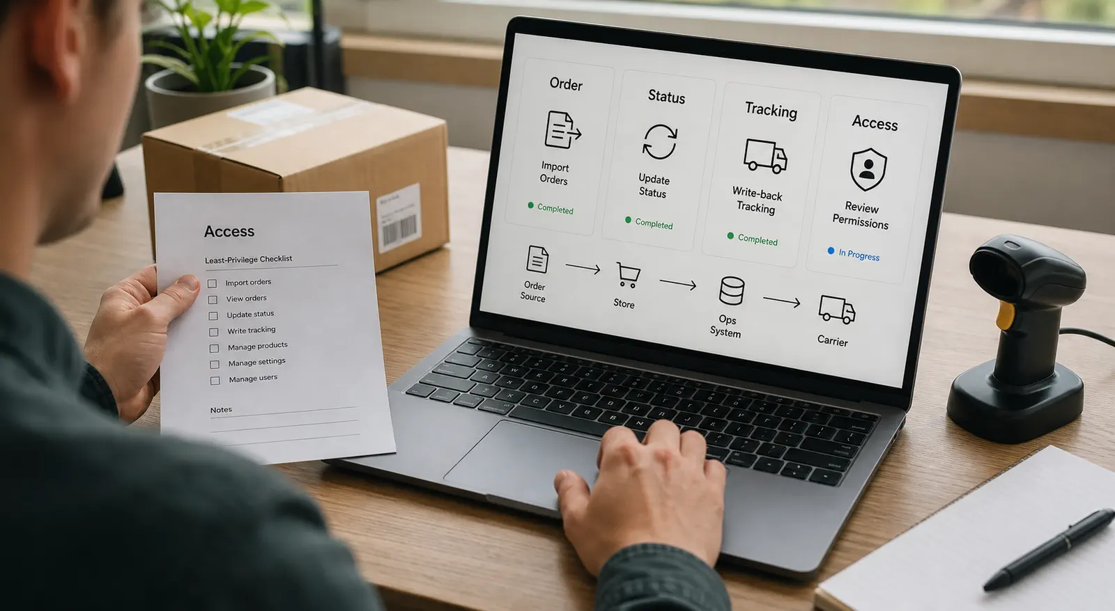 A Shopify operations handoff showing limited permissions, order import, status updates, and tracking write-back