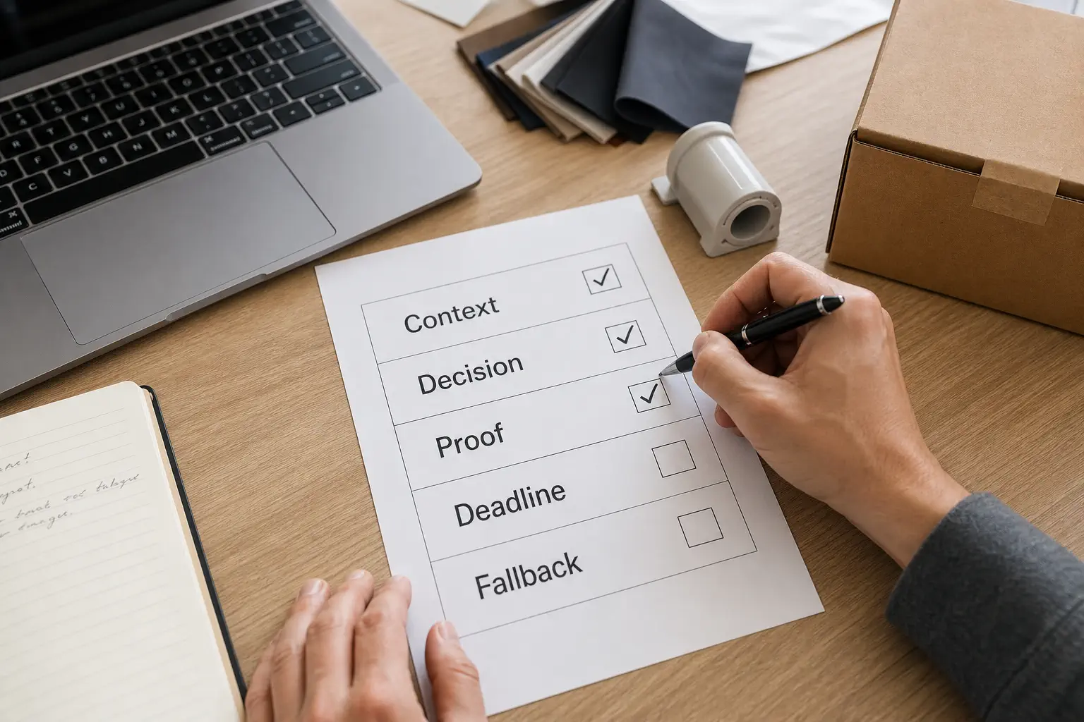 Supplier message framework template showing context decision proof deadline and fallback fields on a desk