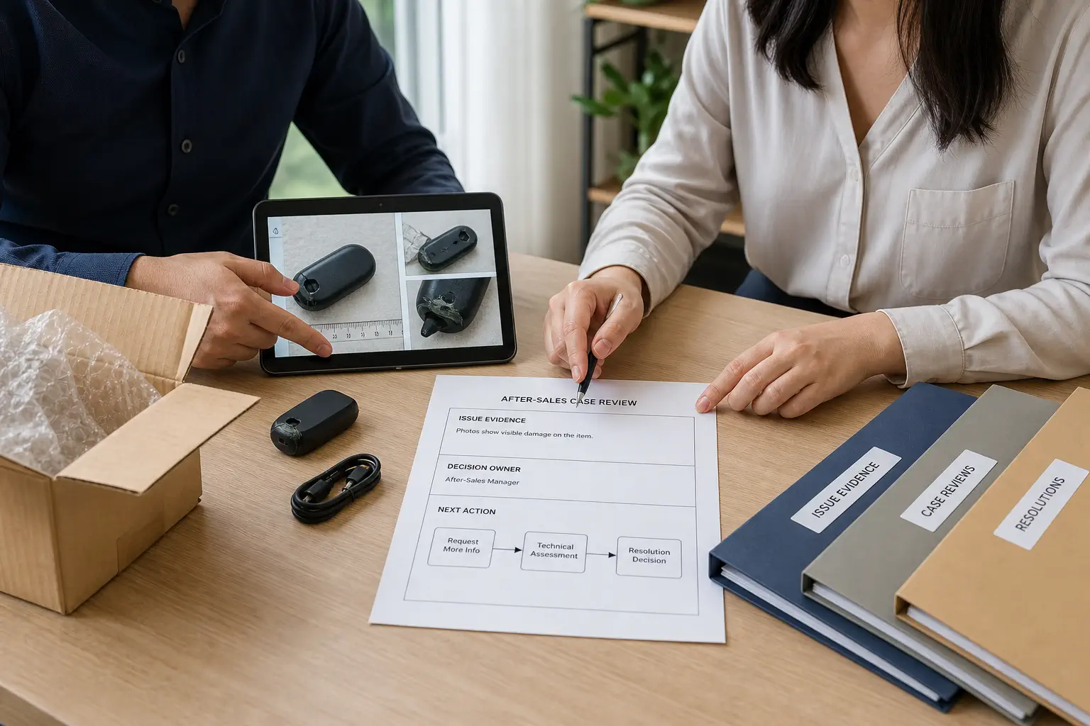 An after-sales review table with parcel evidence, issue category, decision owner, and next action