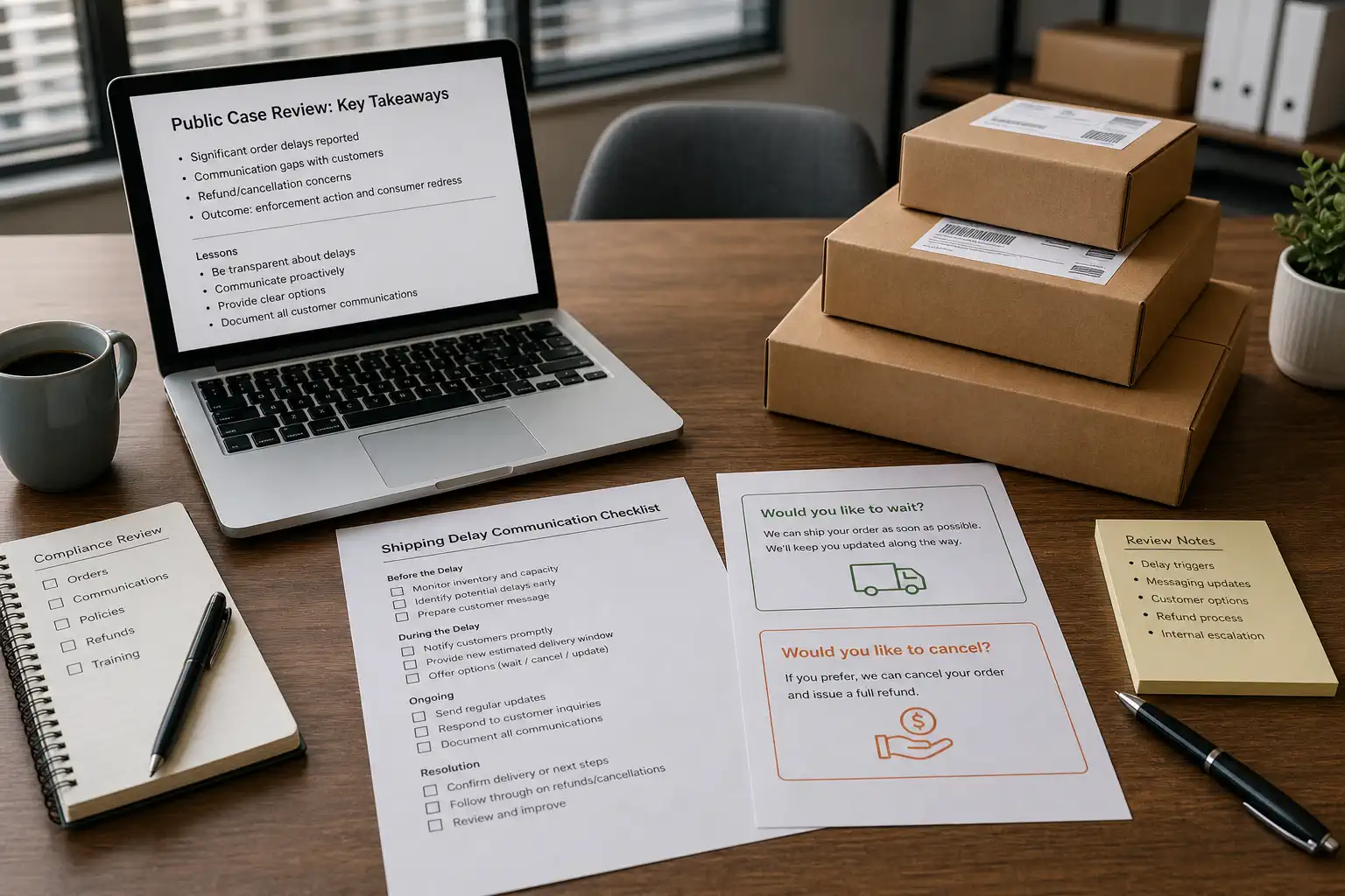 Ecommerce compliance review desk with shipping delay communication checklist