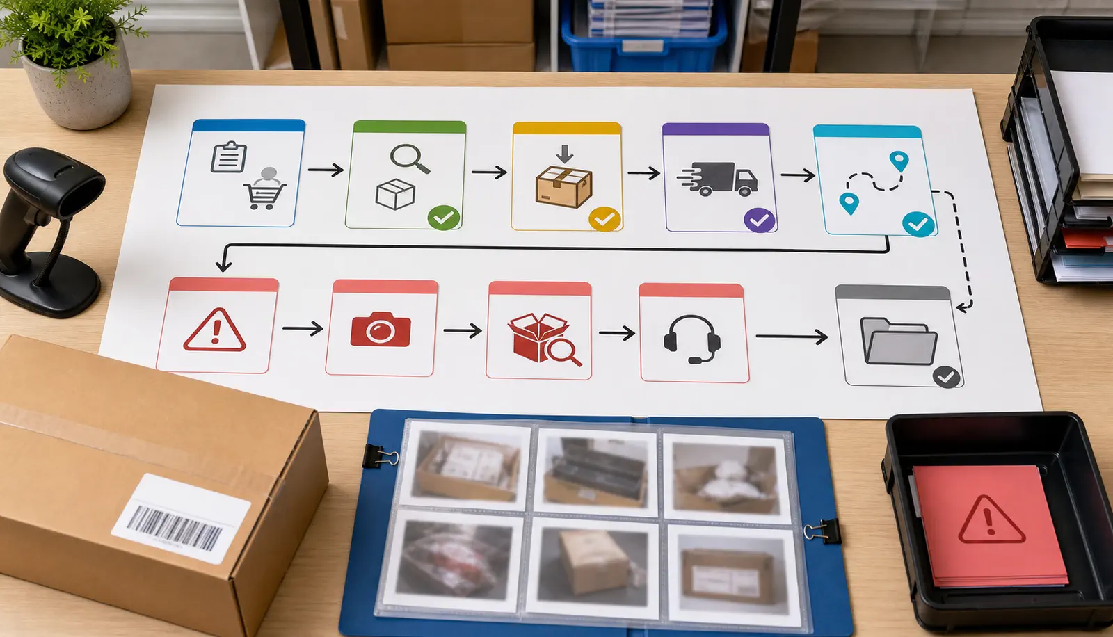Physical workflow board for order checks tracking exceptions and evidence archive