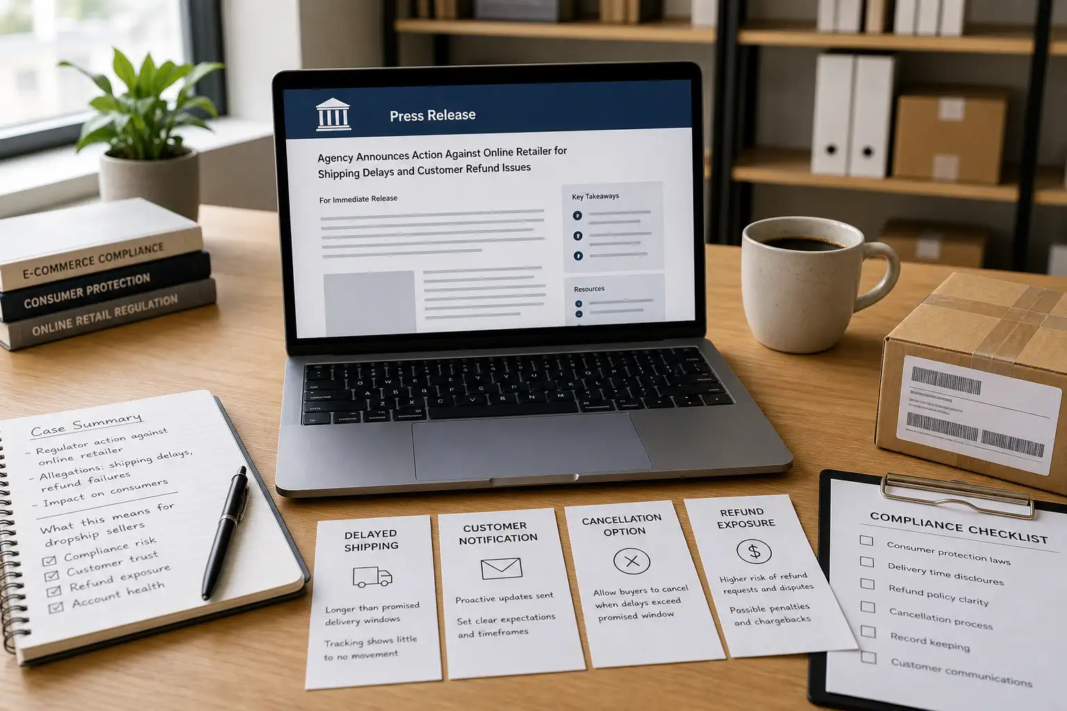 Public delayed shipping case research desk with refund risk notes