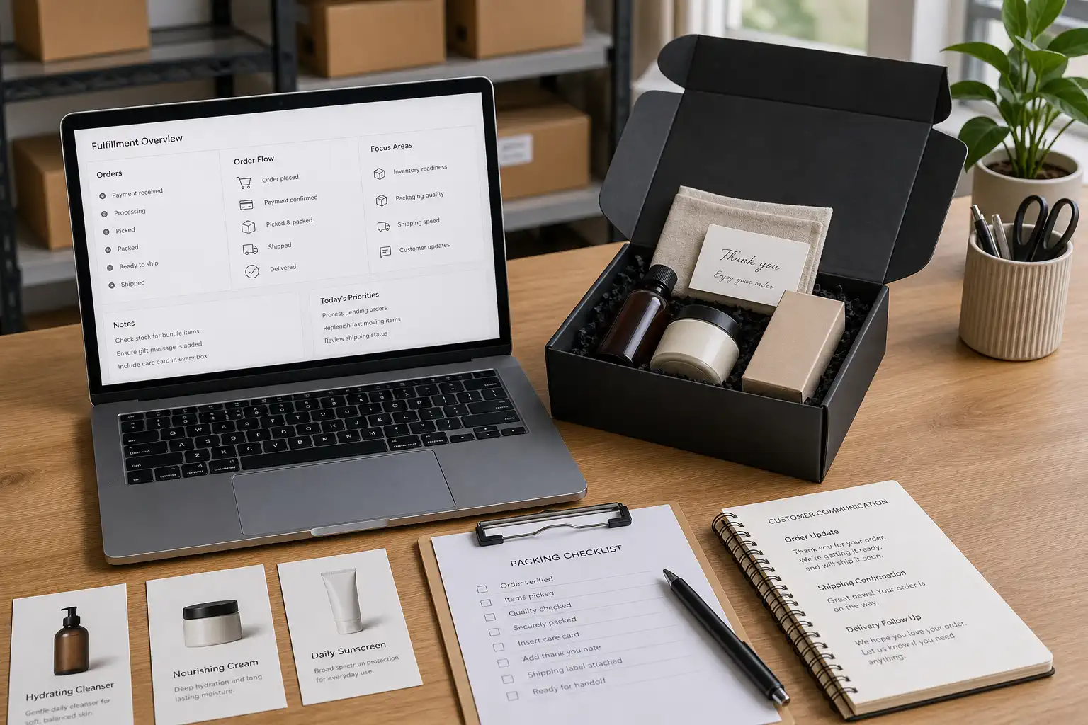 Higher average order value fulfillment workflow with bundle cards and combined package