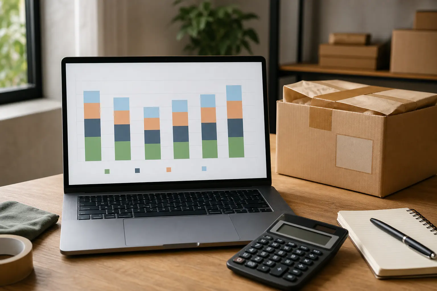 Ecommerce profitability dashboard with stacked cost bars beside parcels and a calculator