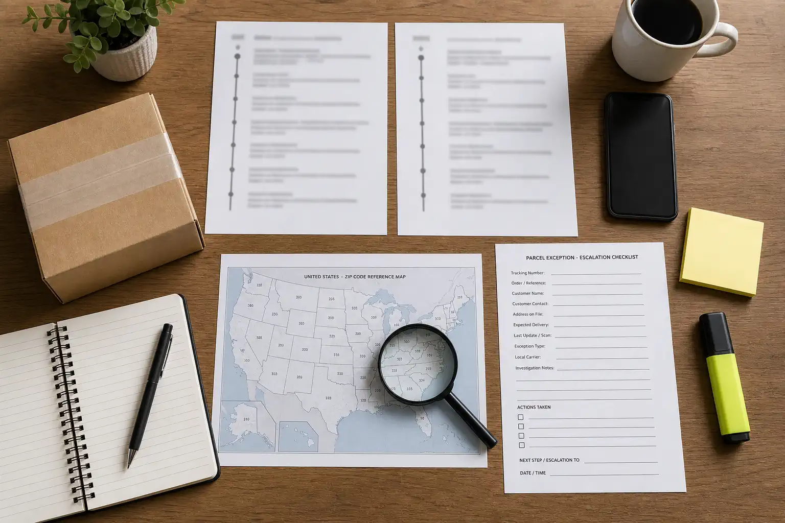 A parcel exception desk with two tracking records an address check and an escalation checklist