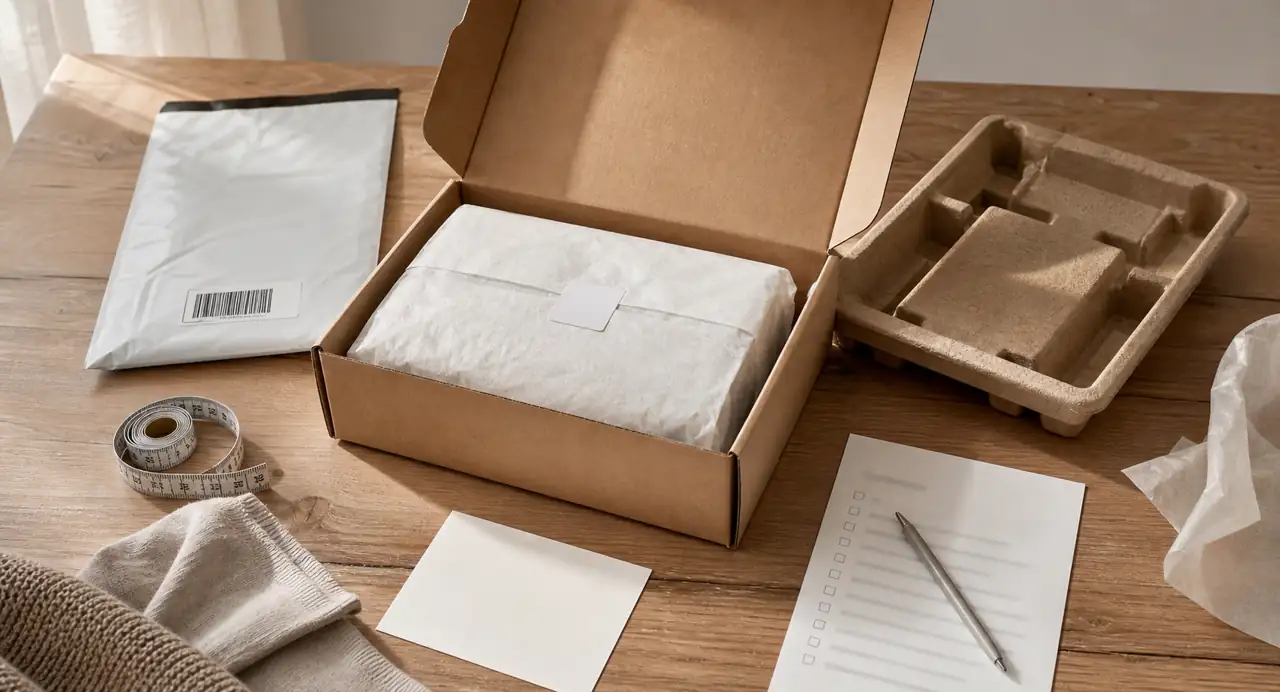 A branded unboxing preparation table with protective packaging, insert and quality checklist