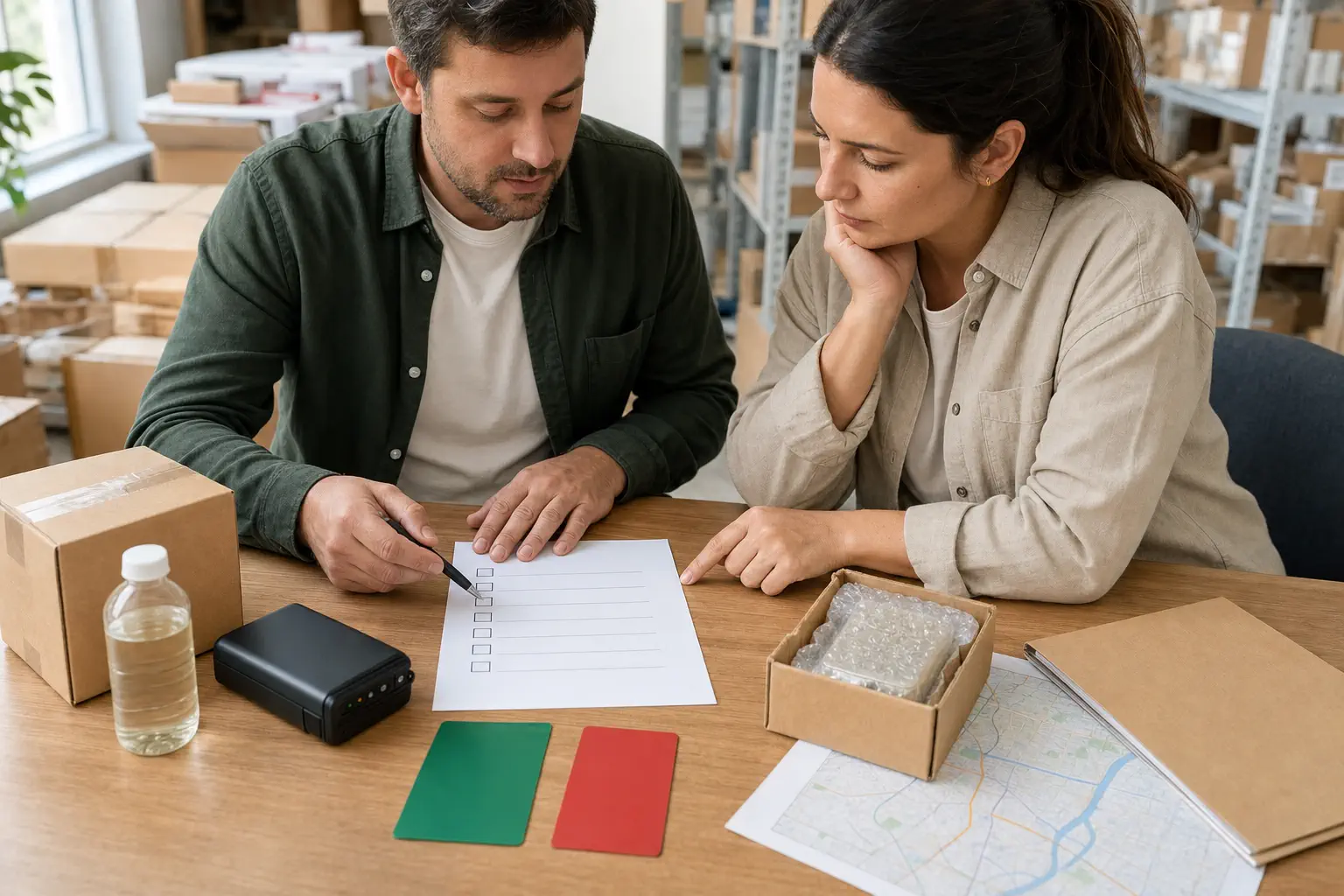 Seller and private-agent coordinator reviewing a go-no-go checklist for batteries, liquids, routes, and documents