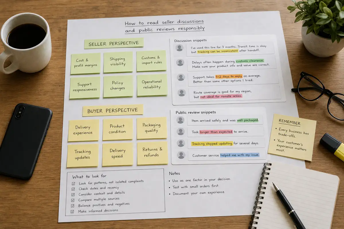 A tabletop research board with highlighted generic comments, sticky notes for seller and buyer perspectives, and reading glasses.