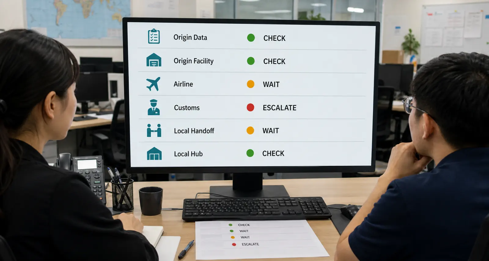 A business dashboard compares check wait and escalate actions across six parcel stages