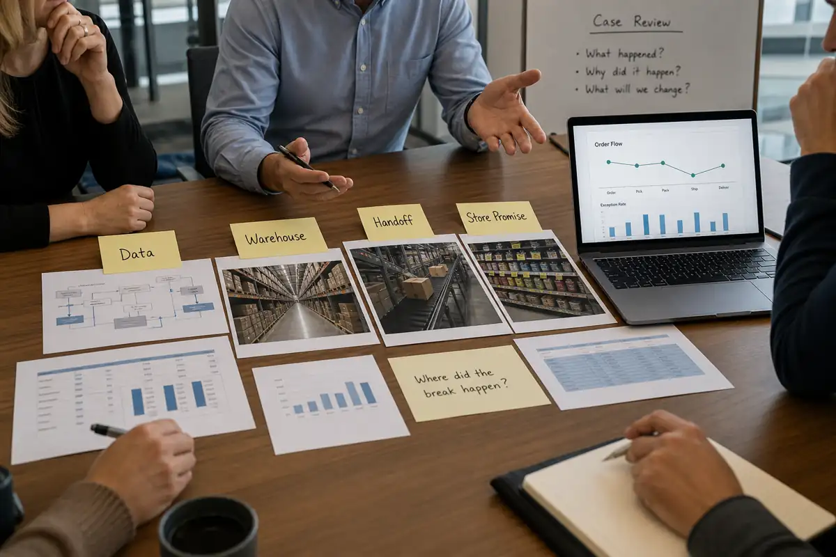 Business case review table with notes for data, warehouse, handoff, and store promise