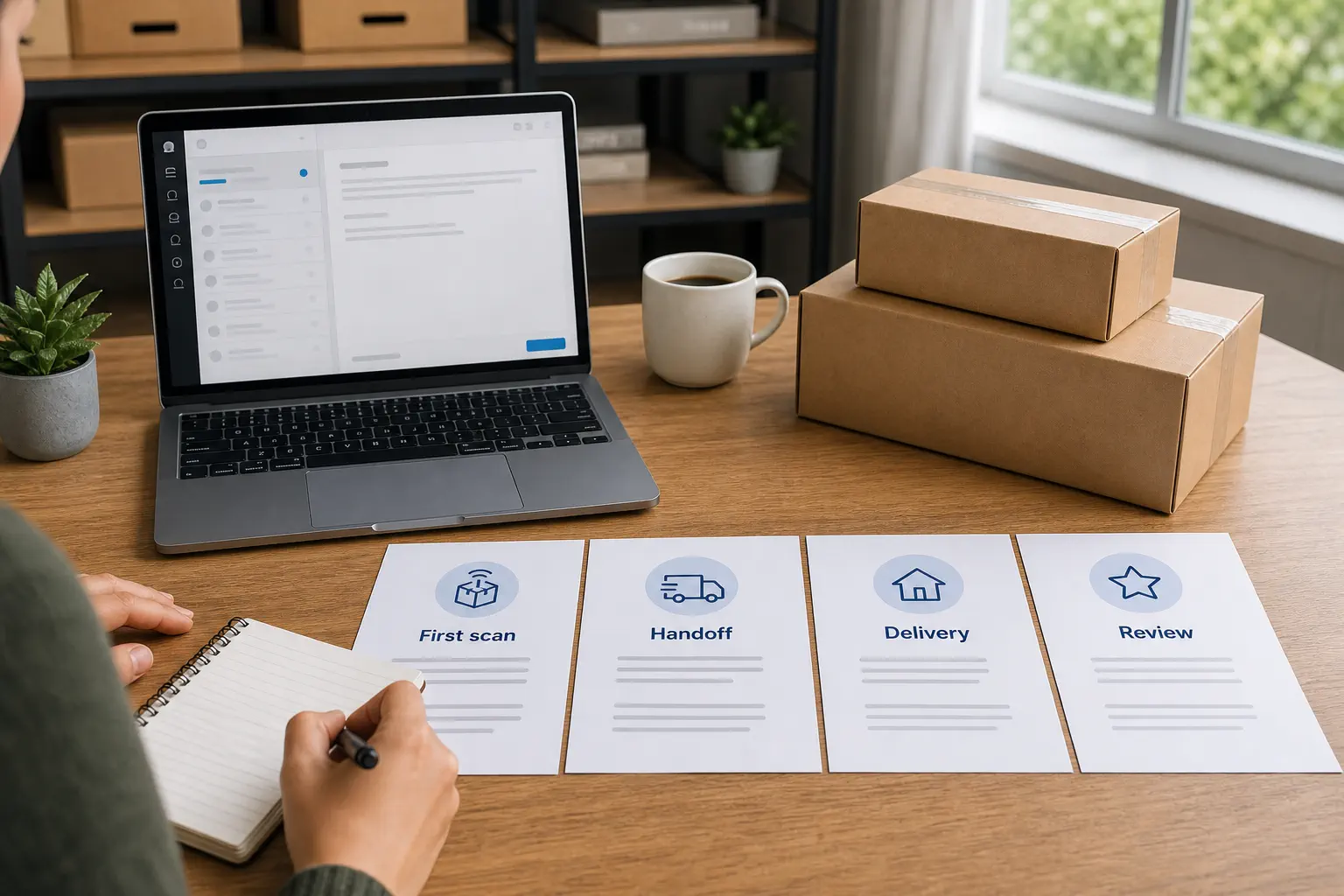 Support agent workspace with first scan handoff delivery and review update templates