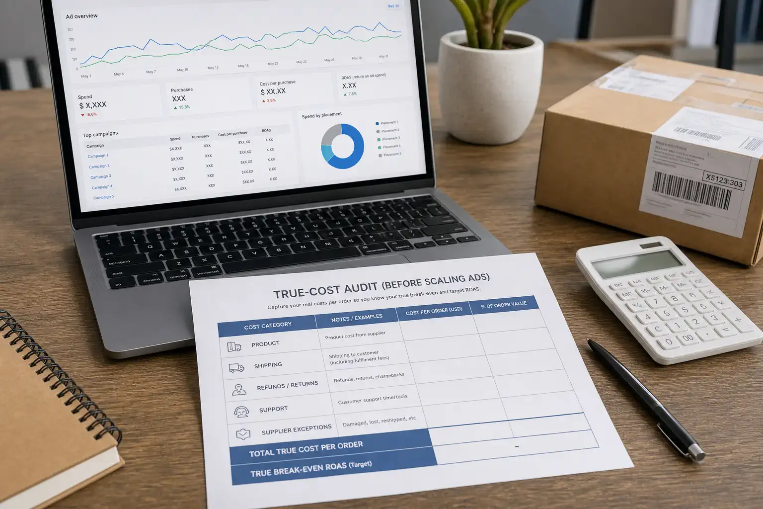 Printed true-cost audit worksheet with columns for product shipping refunds support and supplier exceptions