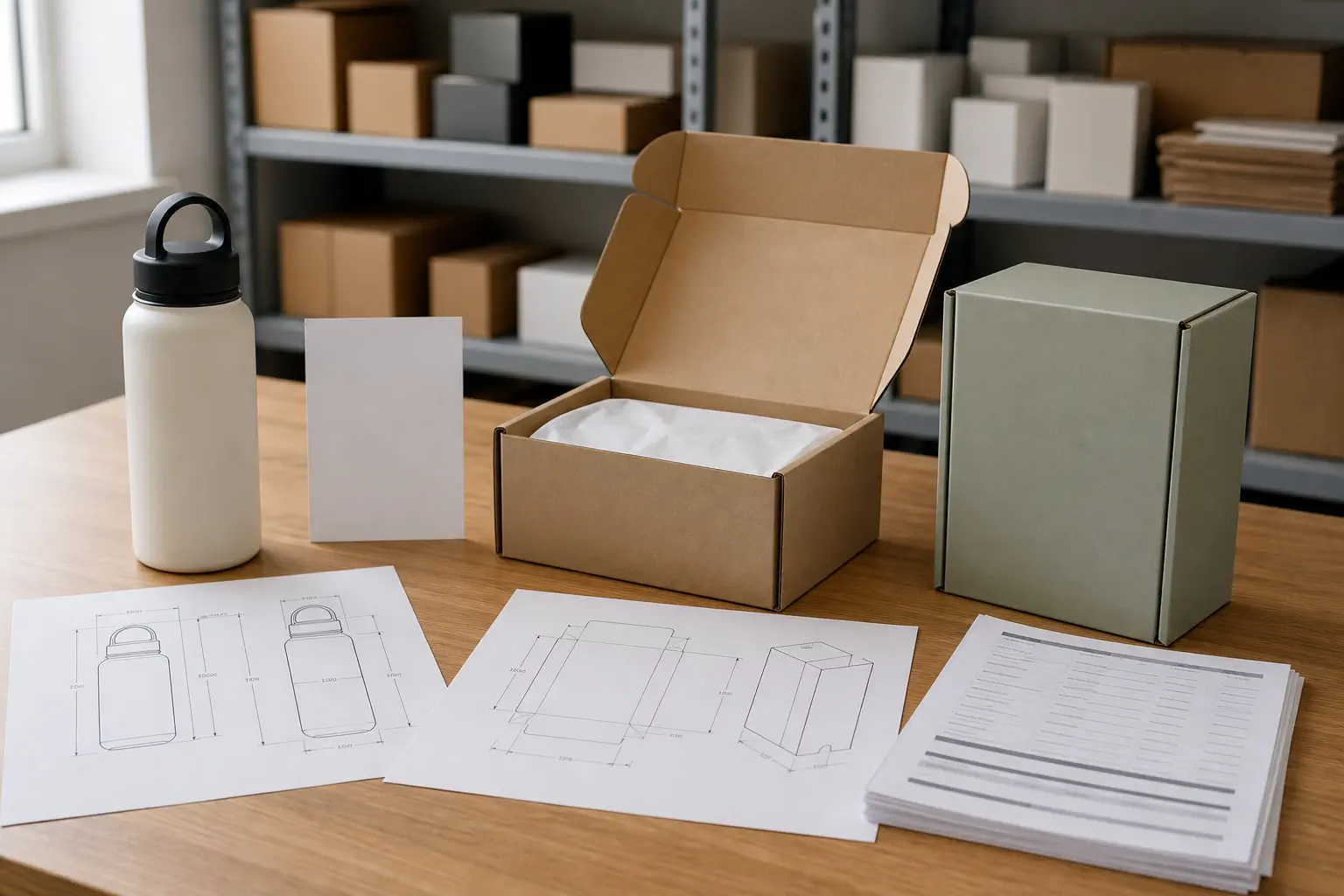 Packaging review table with stable SKU data card inventory and a custom box sample