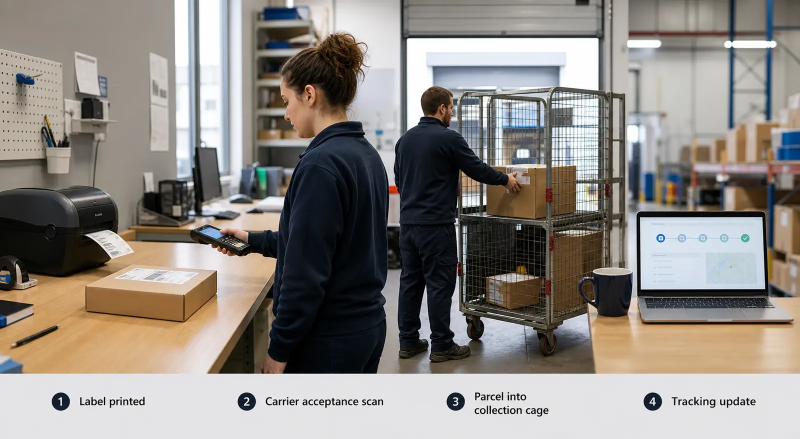 Parcel handoff desk showing label creation, carrier acceptance scan, movement milestone, and Shopify tracking update