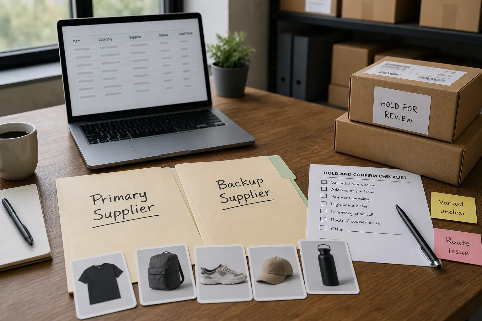 Backup supplier folders and hold-and-confirm checklist for peak-season order review