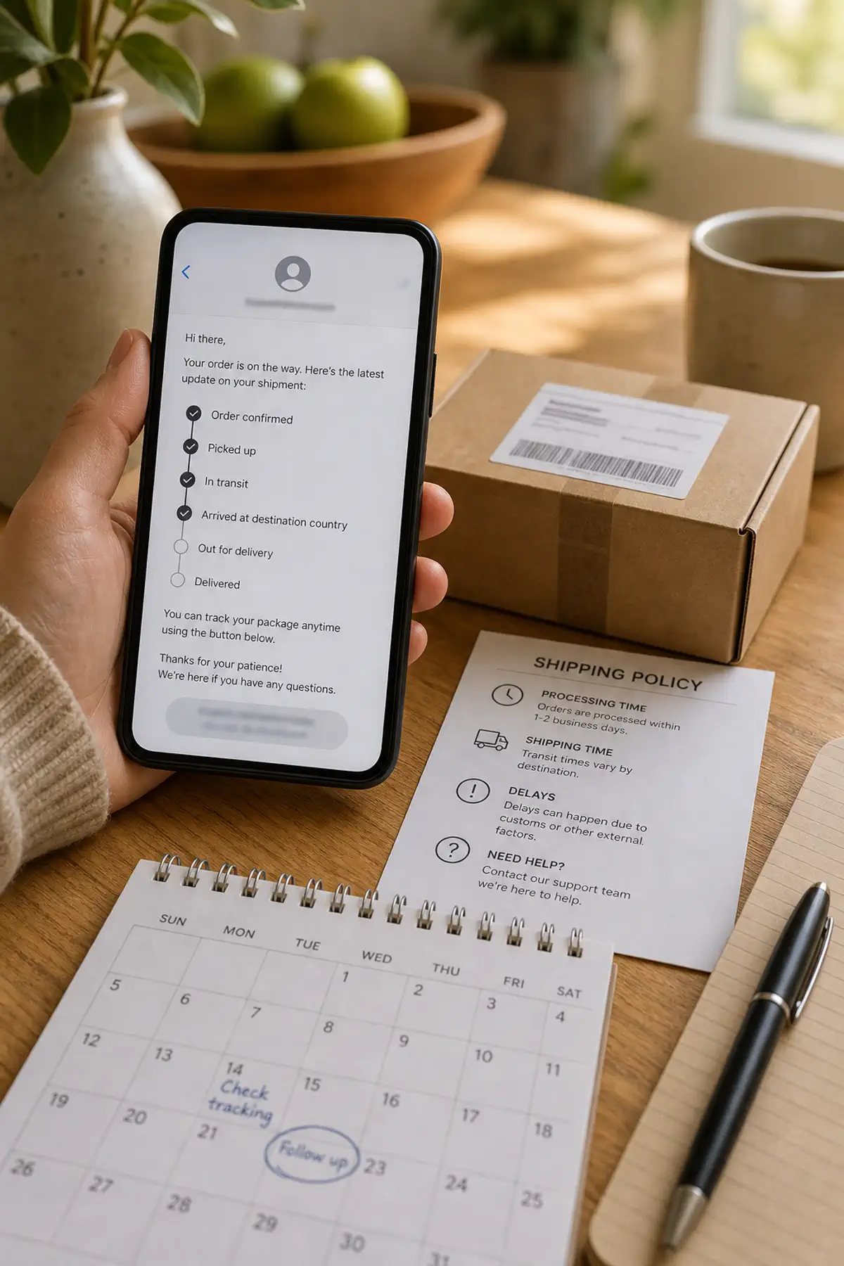 A smartphone showing a generic tracking update beside a parcel, policy card and calendar reminder for customer communication.
