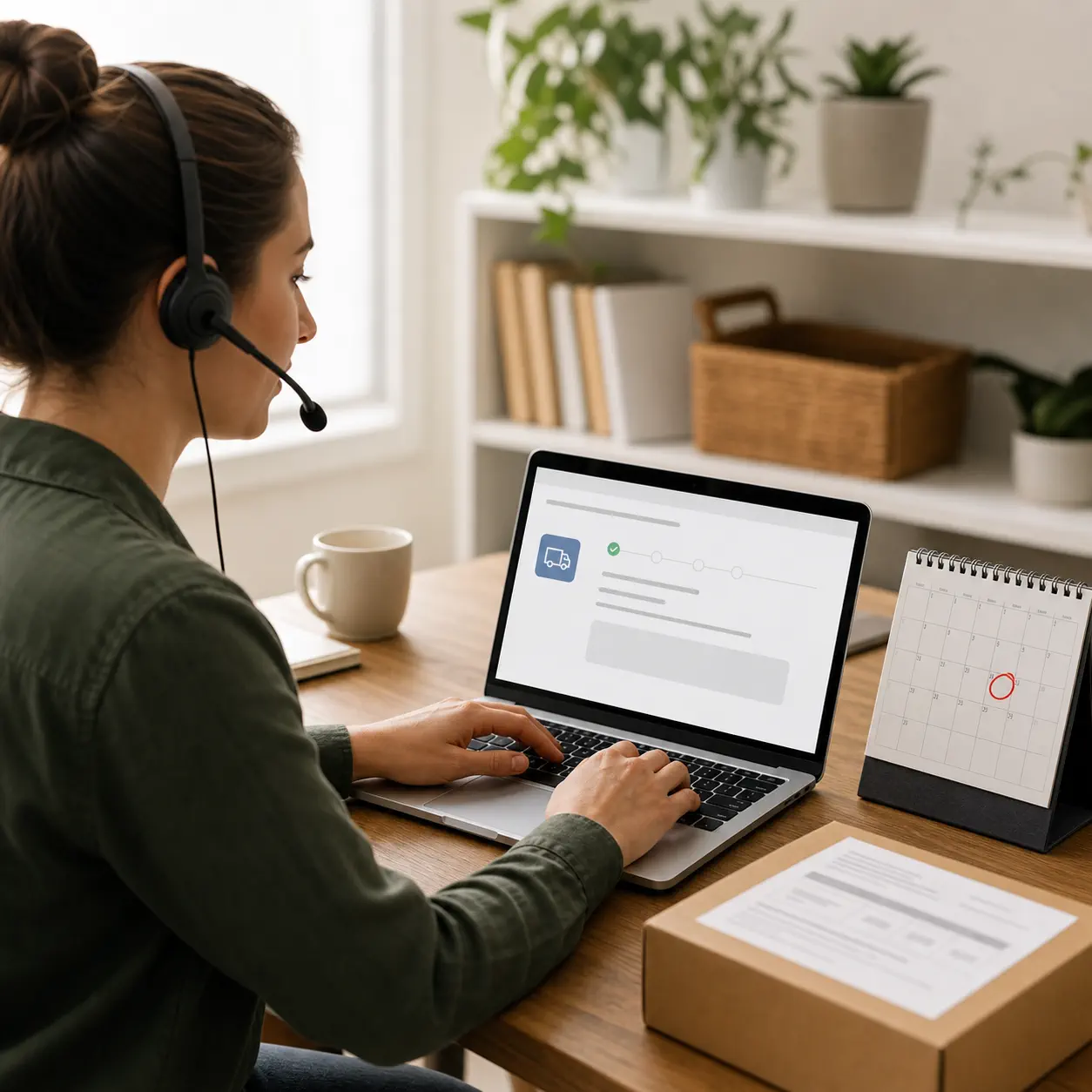 A support agent writes a factual parcel update beside a confirmed event and next checkpoint