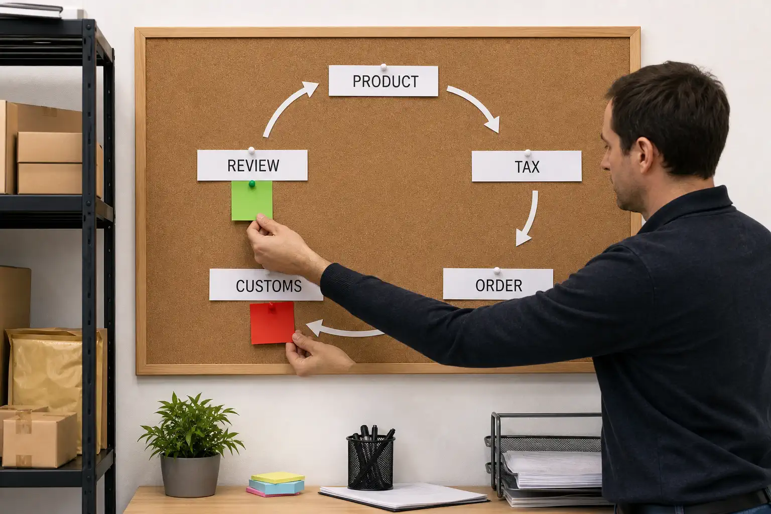 Physical operations board linking product, tax, order, customs, and review controls