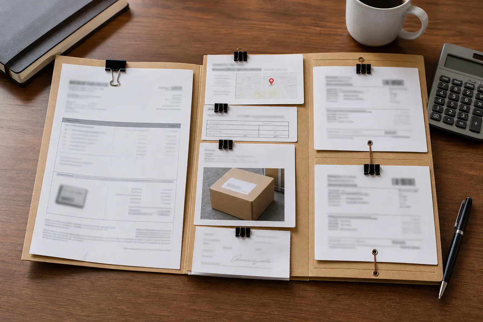 A payment dispute evidence folder beside a delivery scan address match and signature option