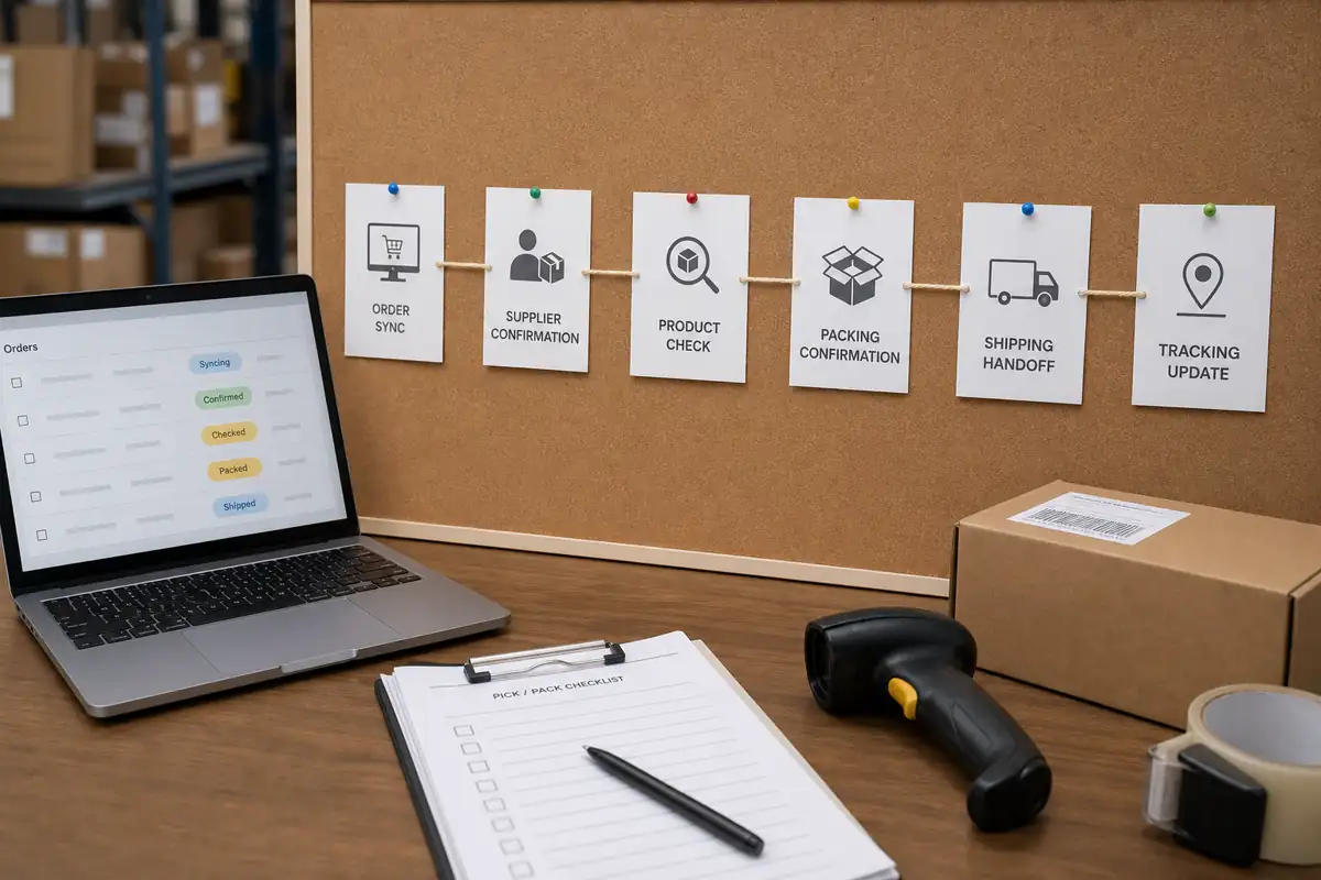 Operations board connecting order sync, supplier confirmation, product check, packing confirmation, shipping handoff, and tracking update