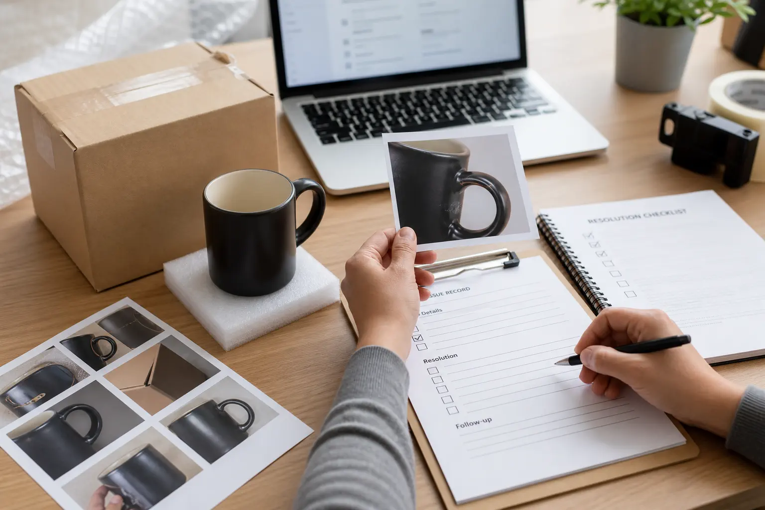 Evidence-based supplier issue handling desk with order record product sample issue photo and resolution checklist