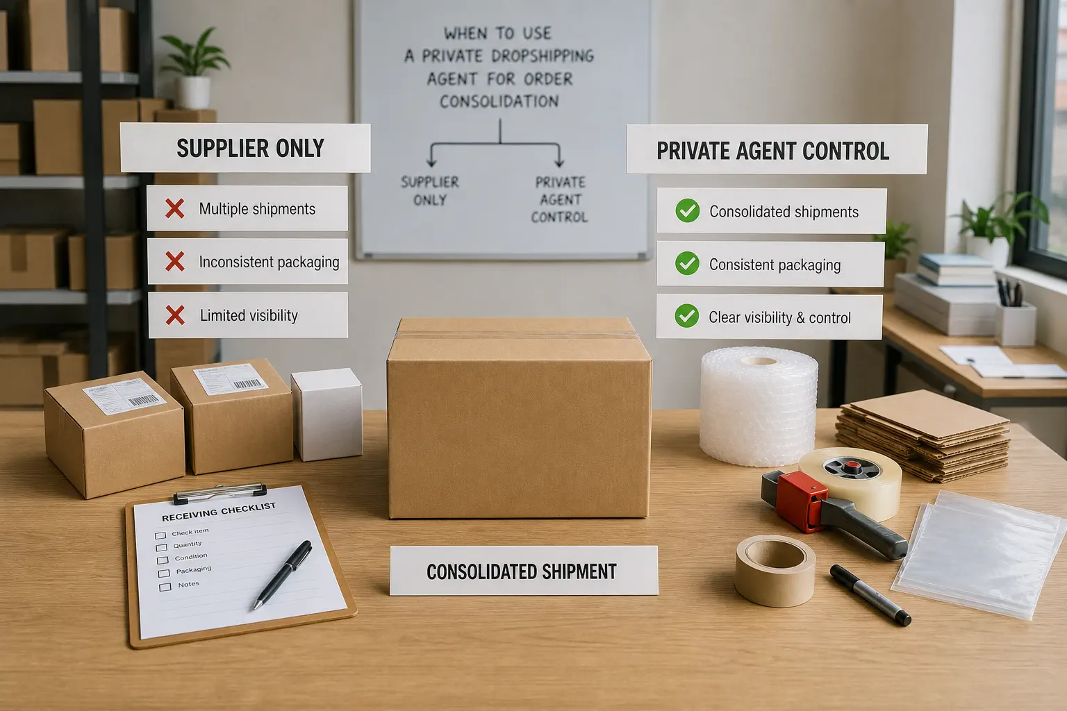 Decision desk comparing supplier-only handling with private-agent consolidation control
