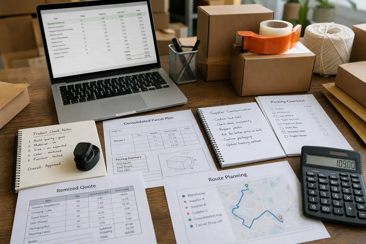 Private-agent operations desk with itemized quote review product check notes and consolidated parcel planning