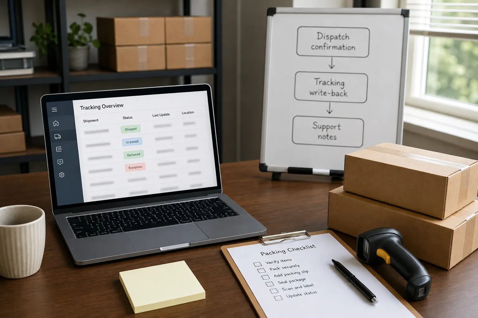Private-agent operations desk connecting dispatch confirmation tracking write-back and support notes