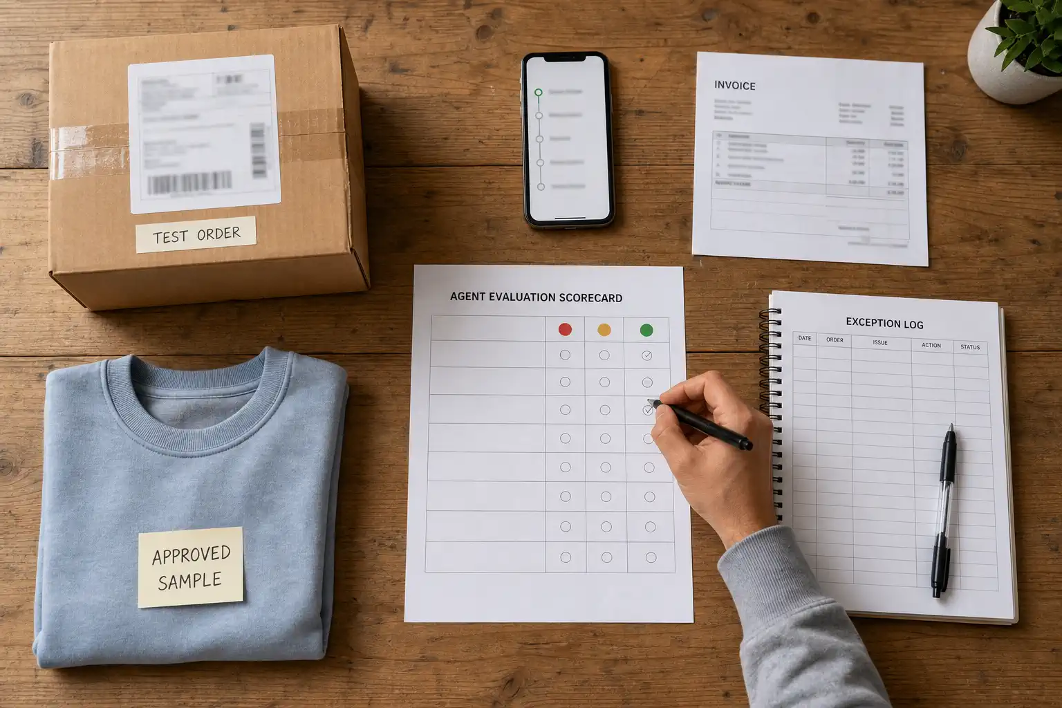 An agent evaluation scorecard beside a test parcel, tracking screen, sample approval, and exception log