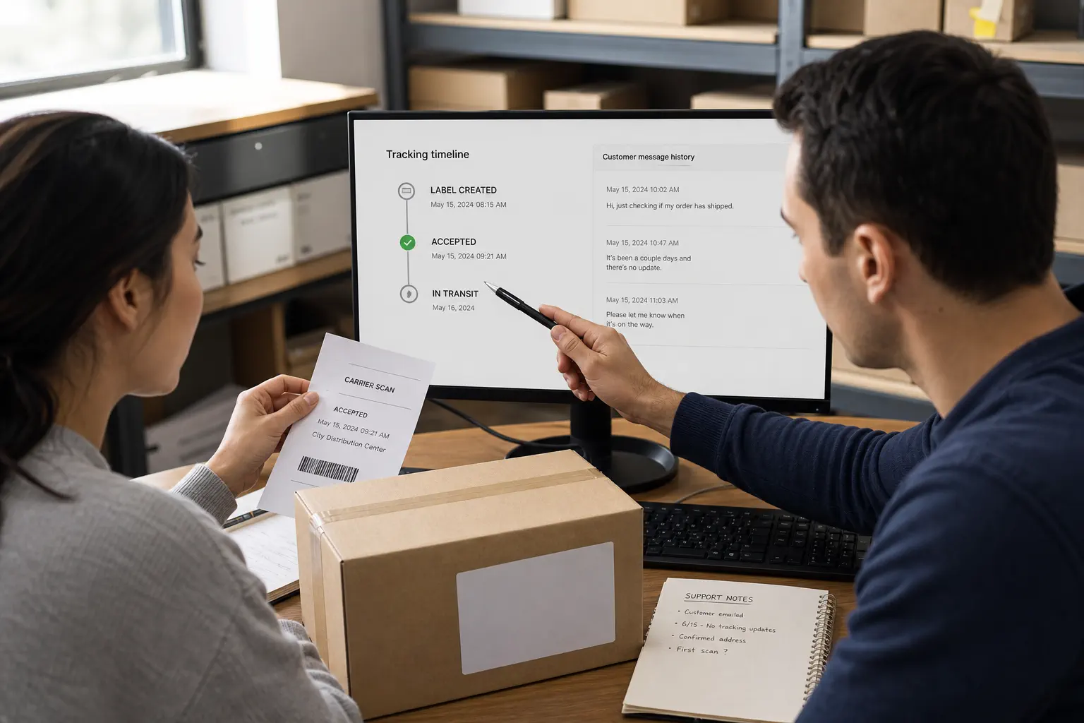 Customer support and operations team reconciling tracking numbers with parcel scans