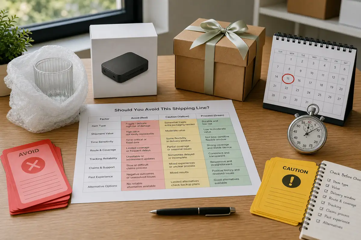A decision matrix desk with fragile, high-value and time-sensitive products beside caution cards and a calendar.