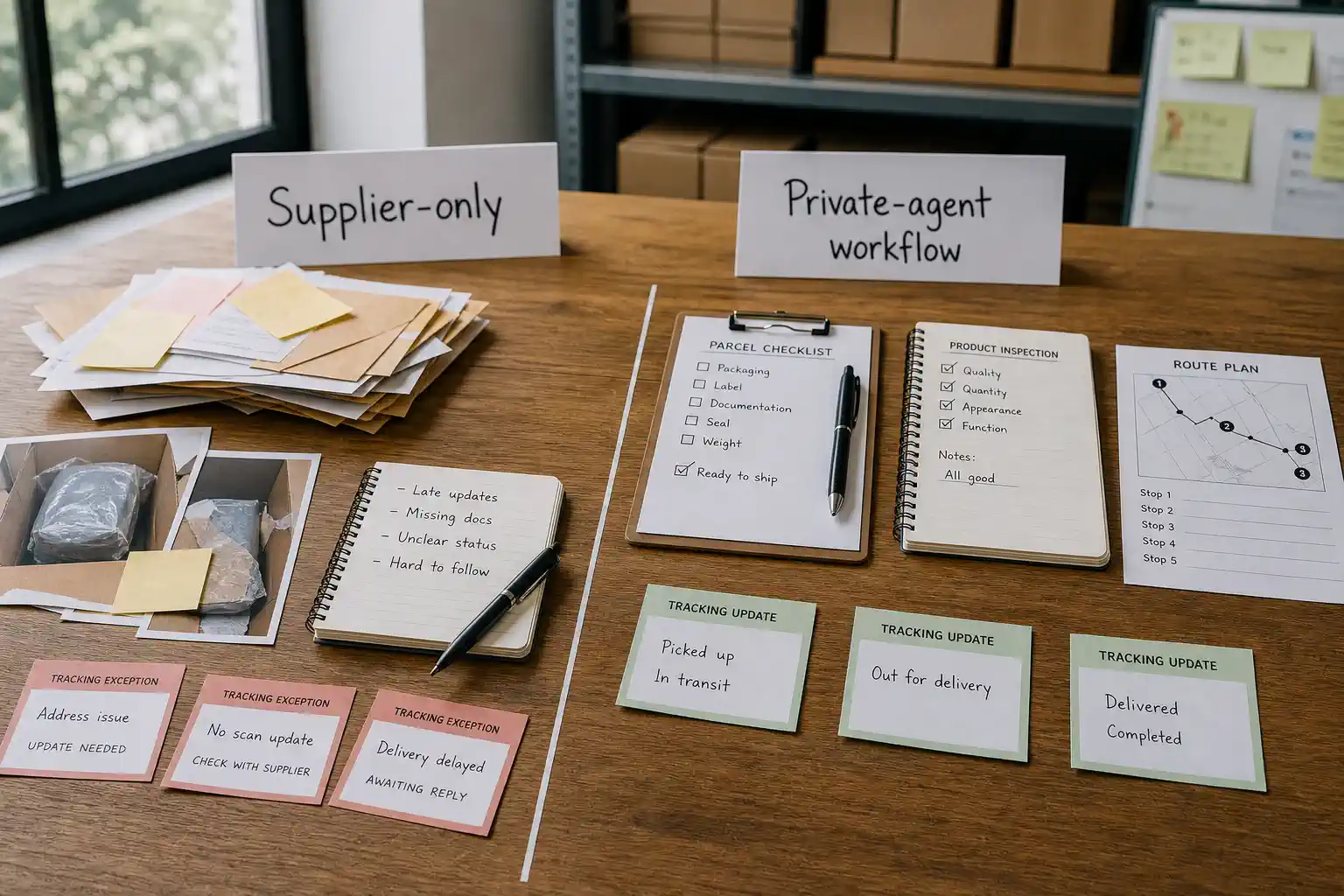 Decision desk comparing supplier-only handling with structured private-agent workflow