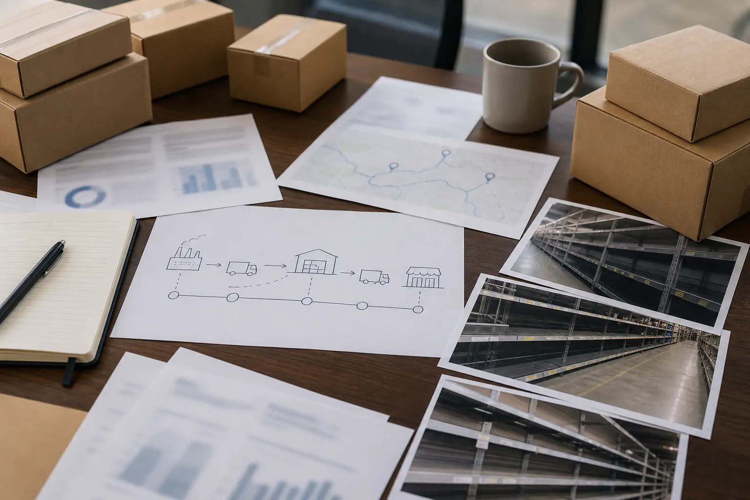 Generic supply chain case review desk with blurred article printouts supply boxes and logistics handoff notes