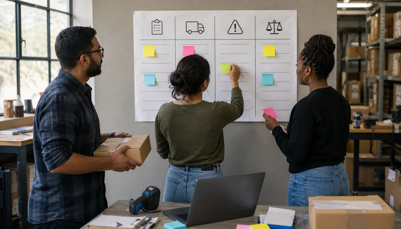 An ecommerce operations board assigns owners to customs local induction delivery and disputes