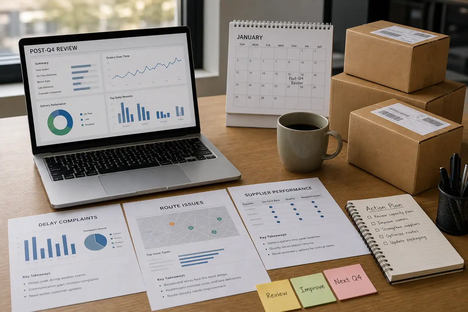 January operations review dashboard with route issues supplier performance and next Q4 notes