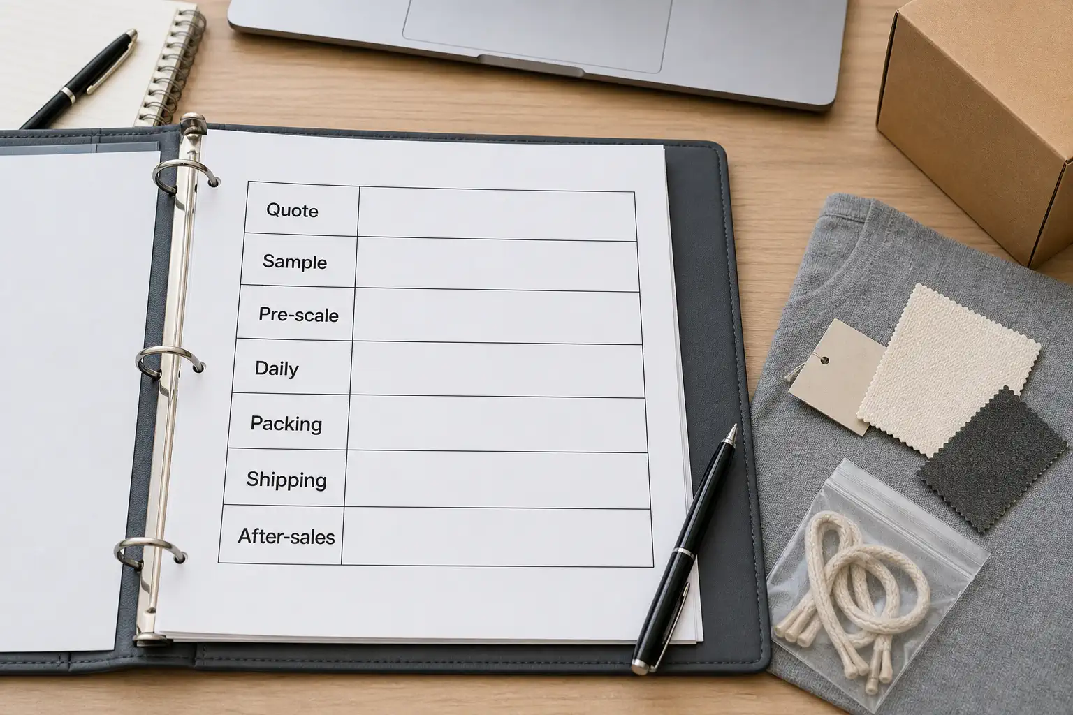 Supplier communication SOP binder with quote sample prescale daily packing shipping and after-sales stages