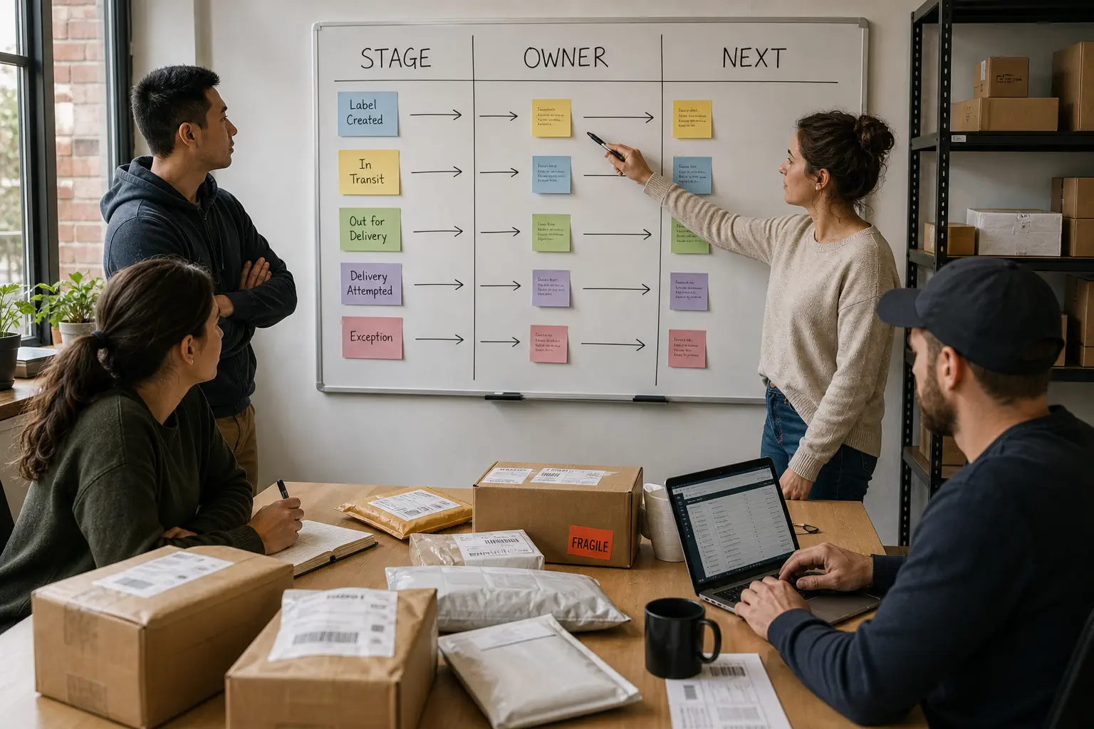 An ecommerce operations team assigns parcel stages owners and next actions on a whiteboard