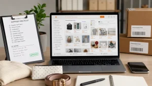 1688 dropshipping sourcing workspace with supplier checklist, product samples, QC notes, and shipping parcels