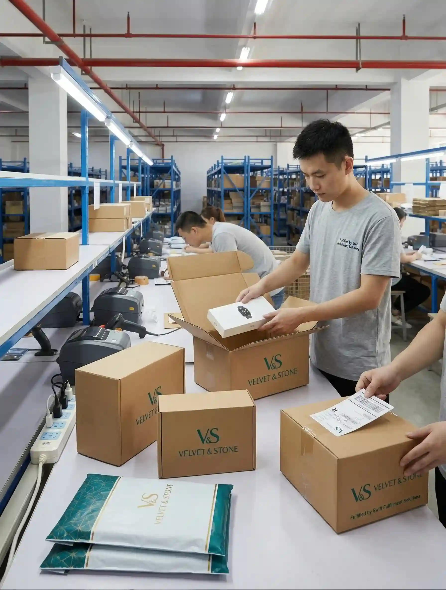 Warehouse staff packing branded shipping boxes and mailers on a fulfillment line