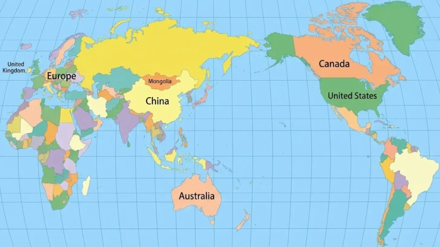 Map showing shipping routes from China to Europe, the United States, Canada, and Australia
